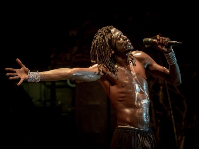 Shirtloser Sänger mit Dreadlocks performt mit ausgestrecktem Arm und Mikrofon auf dunkler Konzertbühne – © Axel Hebenstreit