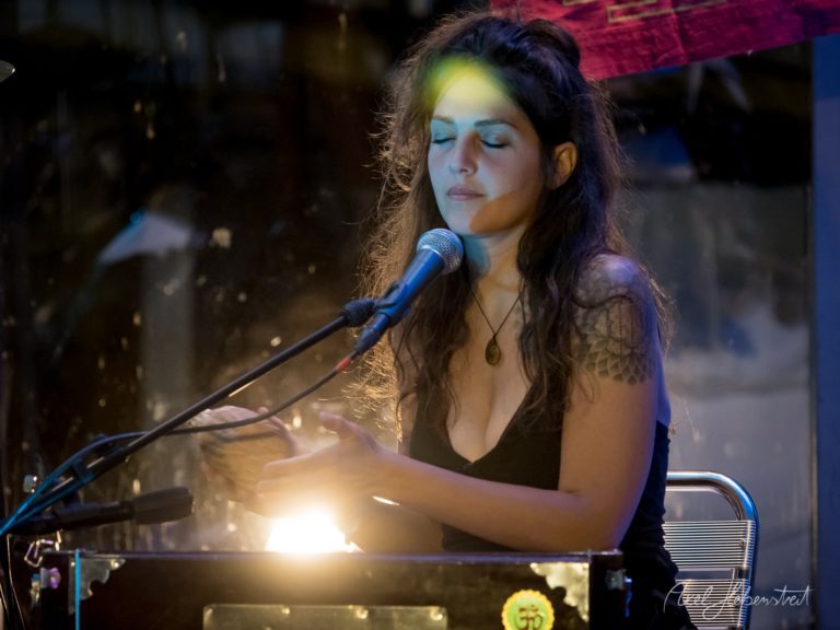 Musikerin spielt konzentriert am Keyboard mit Mikrofon bei atmosphärischer Bühnenbeleuchtung – © Axel Hebenstreit