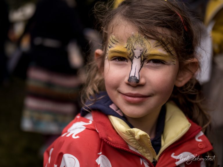 Junges Mädchen mit aufwendiger Gesichtsbemalung in Gelb und Schwarz lächelt auf einem Festival – © Axel Hebenstreit
