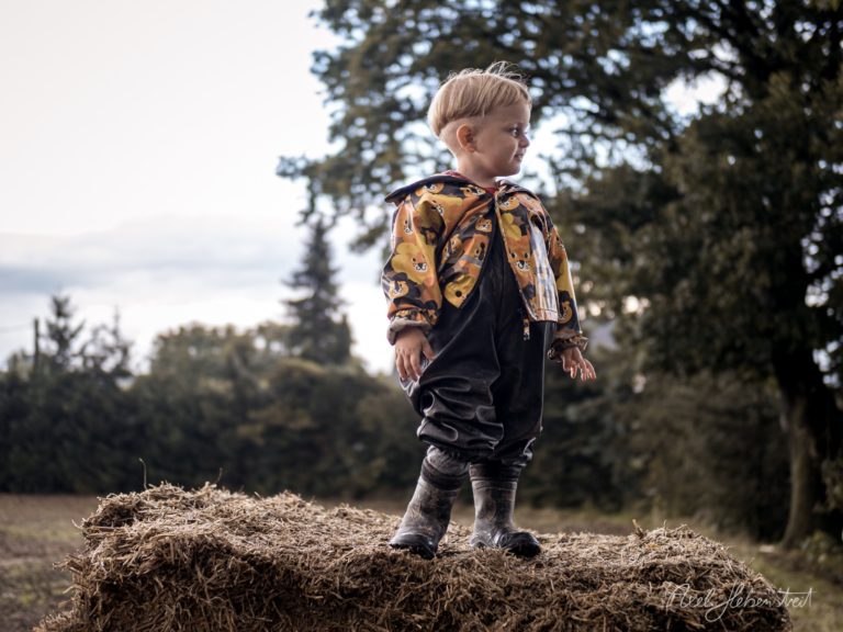 Kleines Kind mit blondem Haar in gemusterter Jacke steht auf Heuballen vor alpiner Waldlandschaft – © Axel Hebenstreit