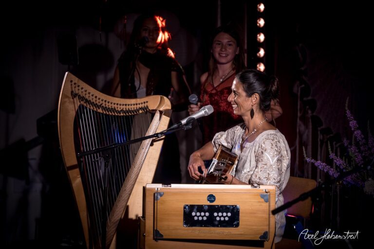Eine Musikerin spielt mit Freude auf der Gitarre und dem Harfenteil in einer lebhaften Konzertatmosphäre. – © Axel Hebenstreit
