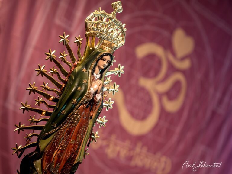 Eine Statue der Jungfrau Maria mit Krone, umgeben von Sternen, vor einem spirituellen Hintergrund – © Axel Hebenstreit