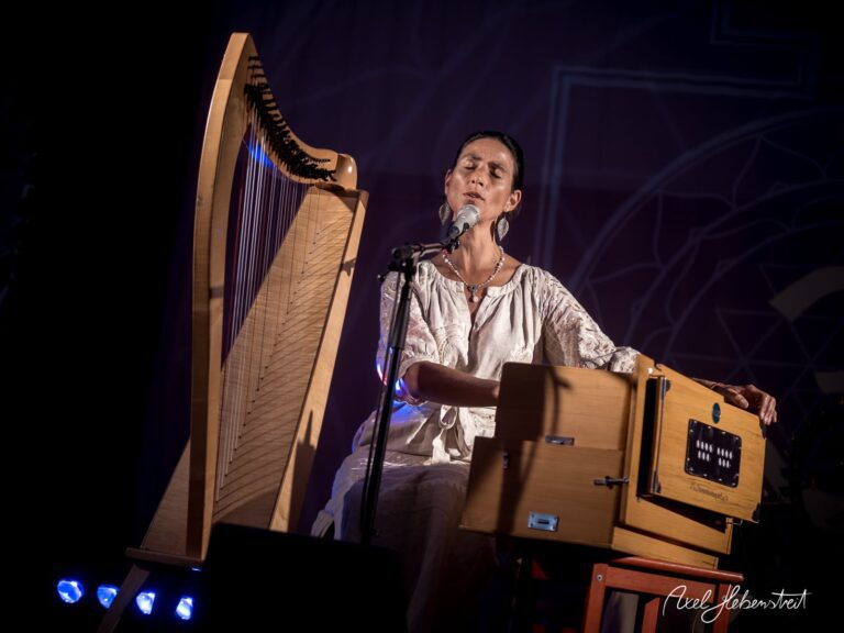 Sängerin mit Harfe und Harmonium, tief in die Musik vertieft, bei einem Live-Auftritt – © Axel Hebenstreit