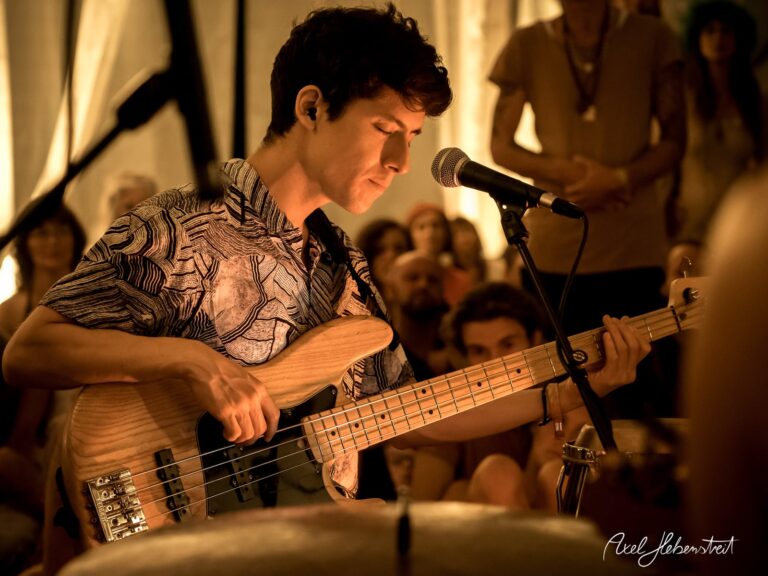 Musiker spielt intensiv Bass bei einem Konzert in einer stimmungsvollen, beleuchteten Umgebung – © Axel Hebenstreit