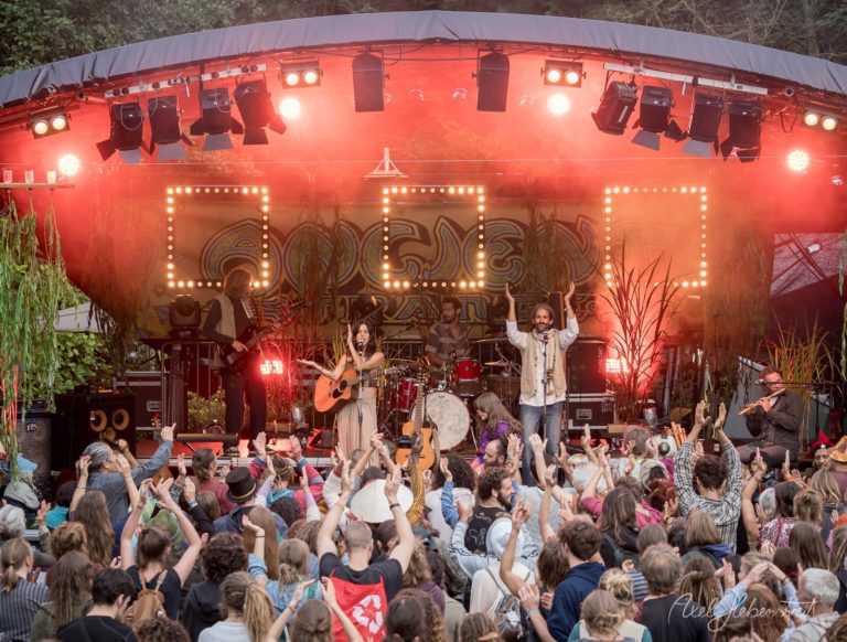 Eine lebendige Konzertatmosphäre mit einer Band auf der Bühne und Publikum, das begeistert mitsingt – © Axel Hebenstreit