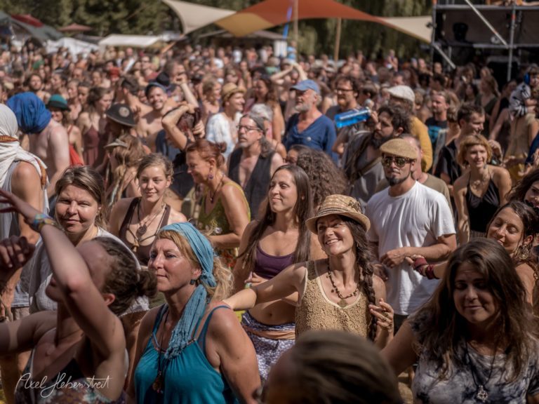 Menschenmenge tanzt und feiert mit Freude auf einem Festival in schöner, sommerlicher Atmosphäre – © Axel Hebenstreit
