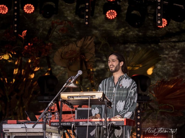 Musiker spielt auf der Bühne entspannt Keyboard, umgeben von einer lebendigen Festivalatmosphäre – © Axel Hebenstreit.