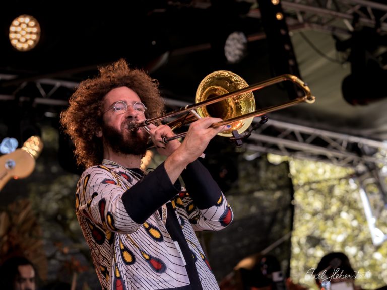 Musiker spielt Trompete auf einer Festivalbühne mit lebhaften Lichtern – © Axel Hebenstreit