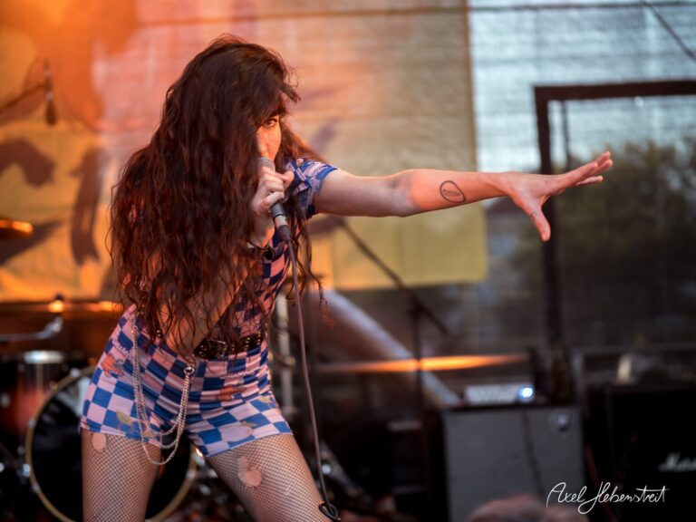 Eine Sängerin in einem karierten Outfit performt leidenschaftlich auf einer Bühne bei einem Festival – © Axel Hebenstreit