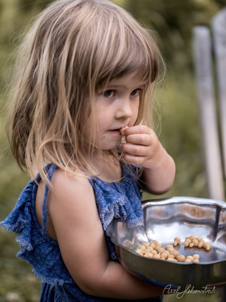 Kleines Mädchen mit blonden Haaren isst Nüsse aus einer Schüssel im Freien – © Axel Hebenstreit