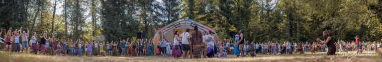 Menschenmenge tanzt und feiert vor einer Bühne in einem Wald, umgeben von Natur und guter Stimmung. – © Axel Hebenstreit
