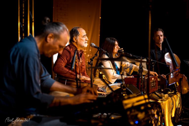 Bühnenaufnahme eines Musikensembles mit Sängerin und Instrumentalisten bei einem Konzert – © Axel Hebenstreit