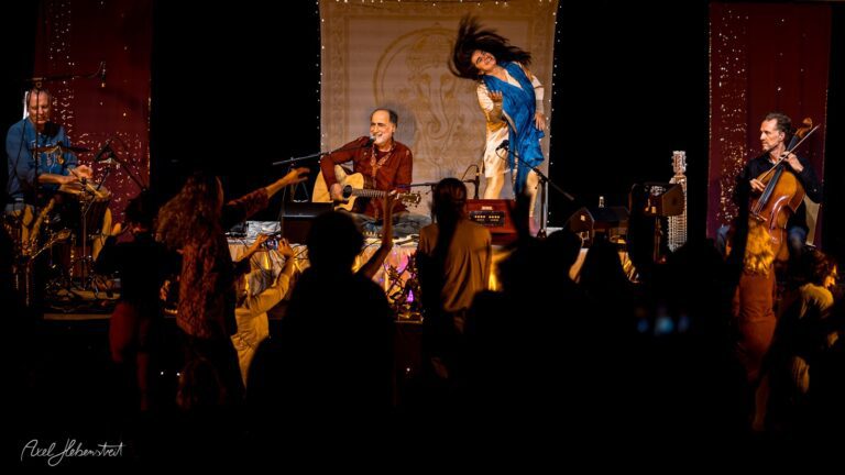 Ein Musiker spielt auf der Bühne, während Tänzer das Konzert begeistert verfolgen – © Axel Hebenstreit.
