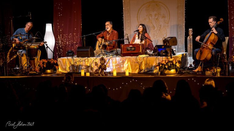 Musiker auf der Bühne bei einem Konzert, umgeben von stimmungsvollem Licht und Zuschauern im Vordergrund – © Axel Hebenstreit