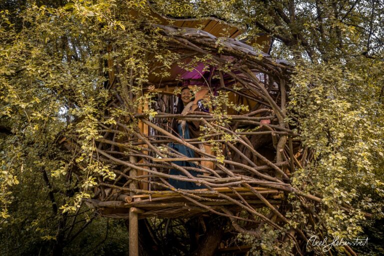 Eine Person steht in einer kunstvoll entworfenen Baumhütte, umgeben von herbstlichen Blättern. – © Axel Hebenstreit