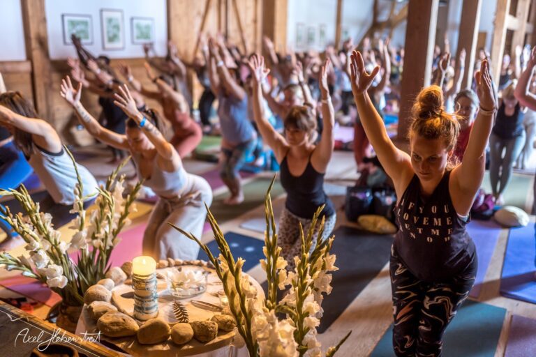 Eine Gruppe von Yoga-Praktizierenden in einem hellen Raum führt eine Übung mit erhobenen Armen durch – © Axel Hebenstreit
