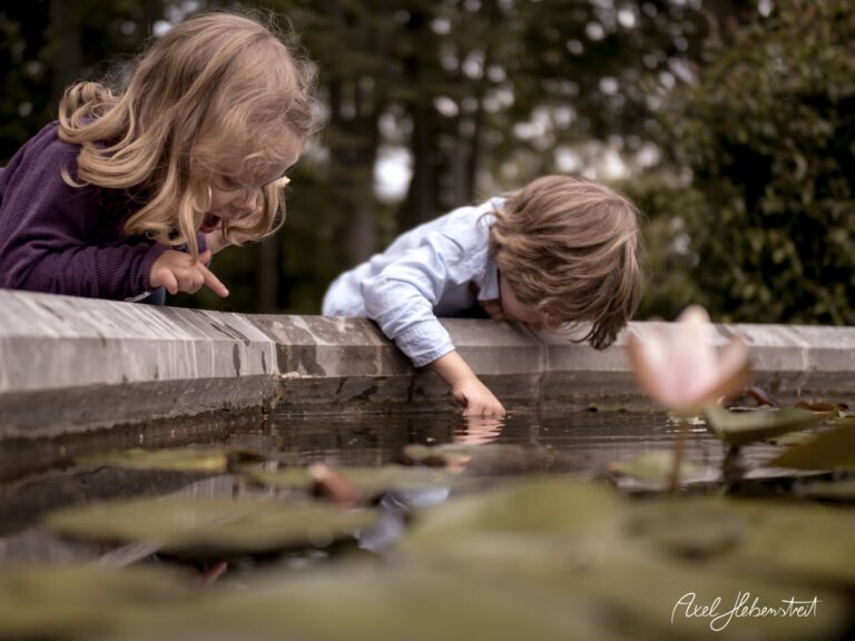 Zwei Kinder beugen sich über einen Teich und beobachten das Wasser, umgeben von Pflanzen und ruhiger Natur – © Axel Hebenstreit.