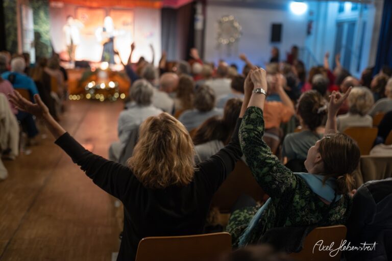 Zuschauer im Konzertraum heben begeistert die Arme, während ein Musiker auf der Bühne spielt – © Axel Hebenstreit