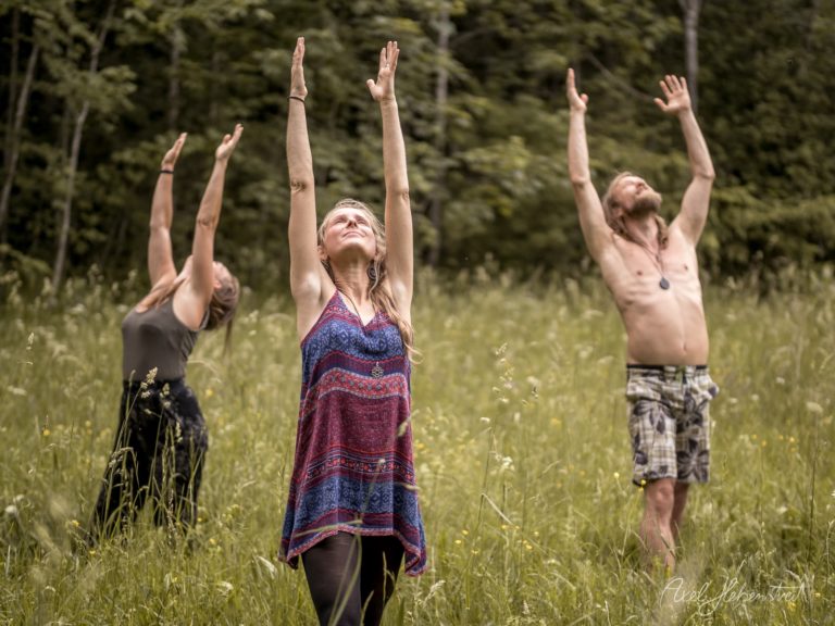 Gruppe praktiziert Yoga-Übung mit erhobenen Armen in blühendem Sommerfeld vor Waldkulisse – © Axel Hebenstreit