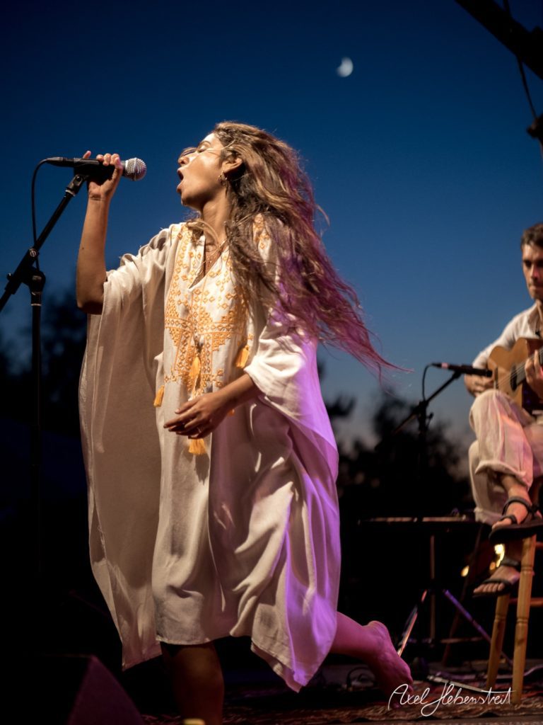 Eine Sängerin mit langen Haaren begeistert das Publikum beim Konzert im Freien unter dem Abendhimmel – © Axel Hebenstreit