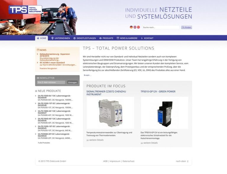 Webseite von TPS - Total Power Solutions mit Produktinformationen und Kontaktmöglichkeiten für individuelle Netzteile. – © Axel Hebenstreit